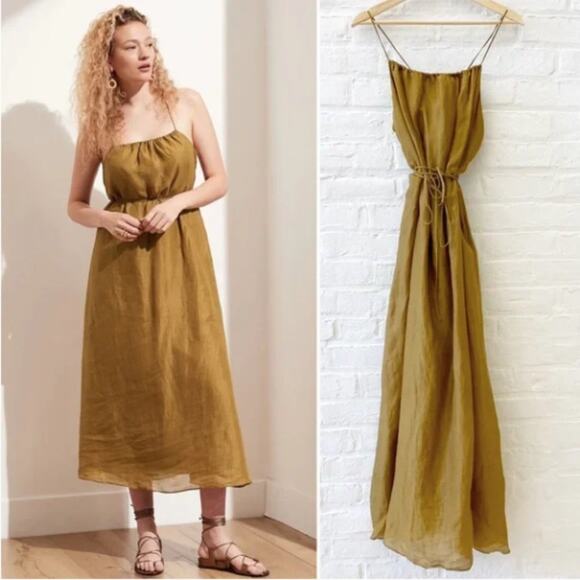 Banana Republic NWT  Ramie Gathered Mustard Maxi Dress M - Picture 1 of 4